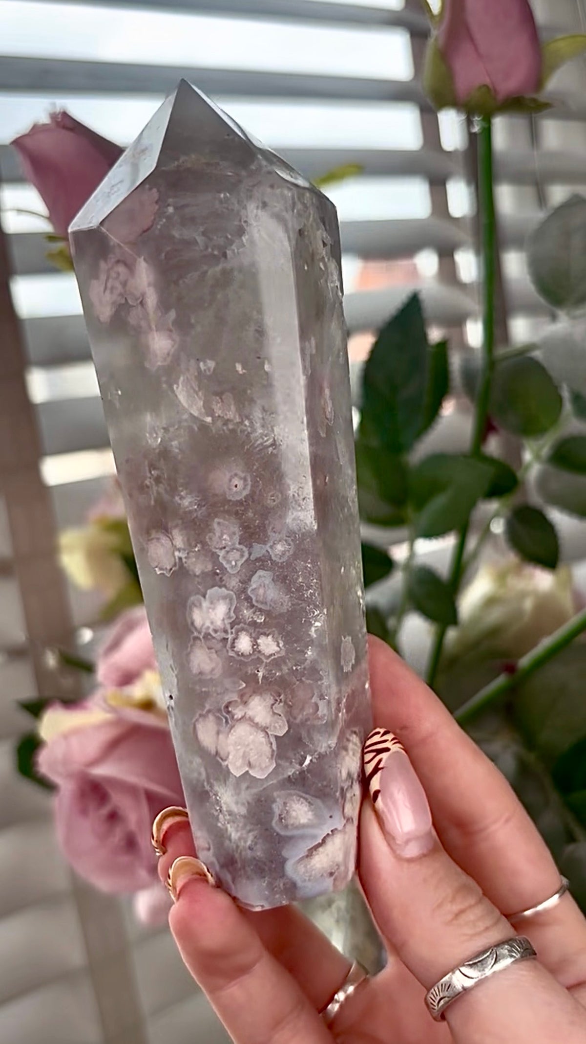 Stunning!! Super high quality, Druzy, green chlorite x blue flower agate tower