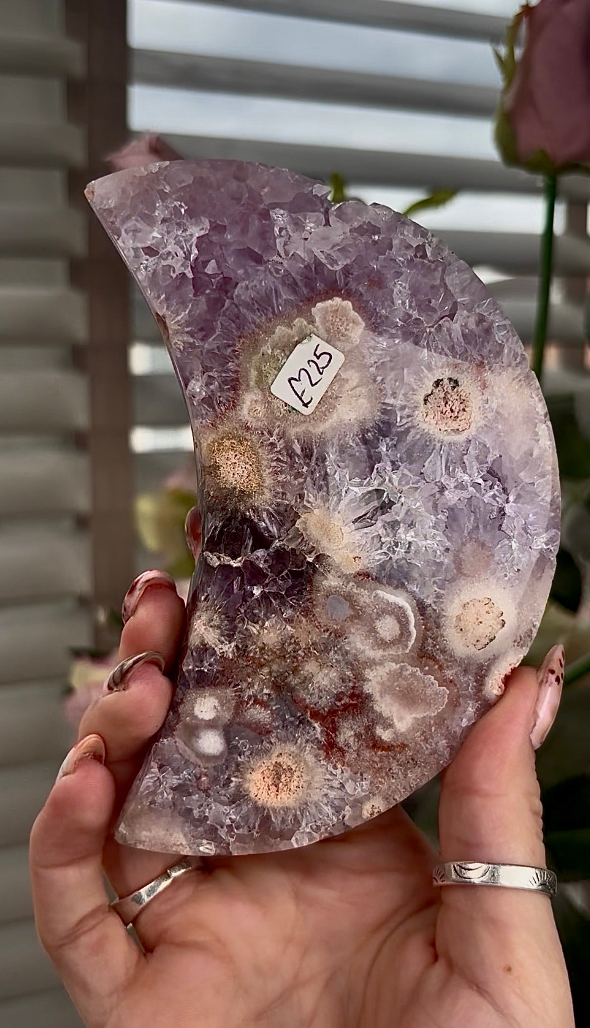 High grade, amethyst Flower agate moon with high clarity quartz