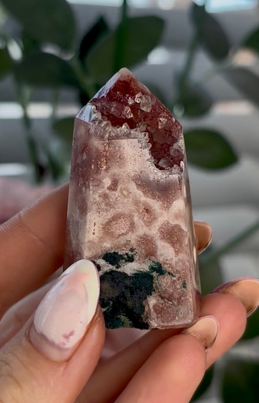 Beautiful, high quality, mini Pink amethyst tower with red hematite & Green jasper
