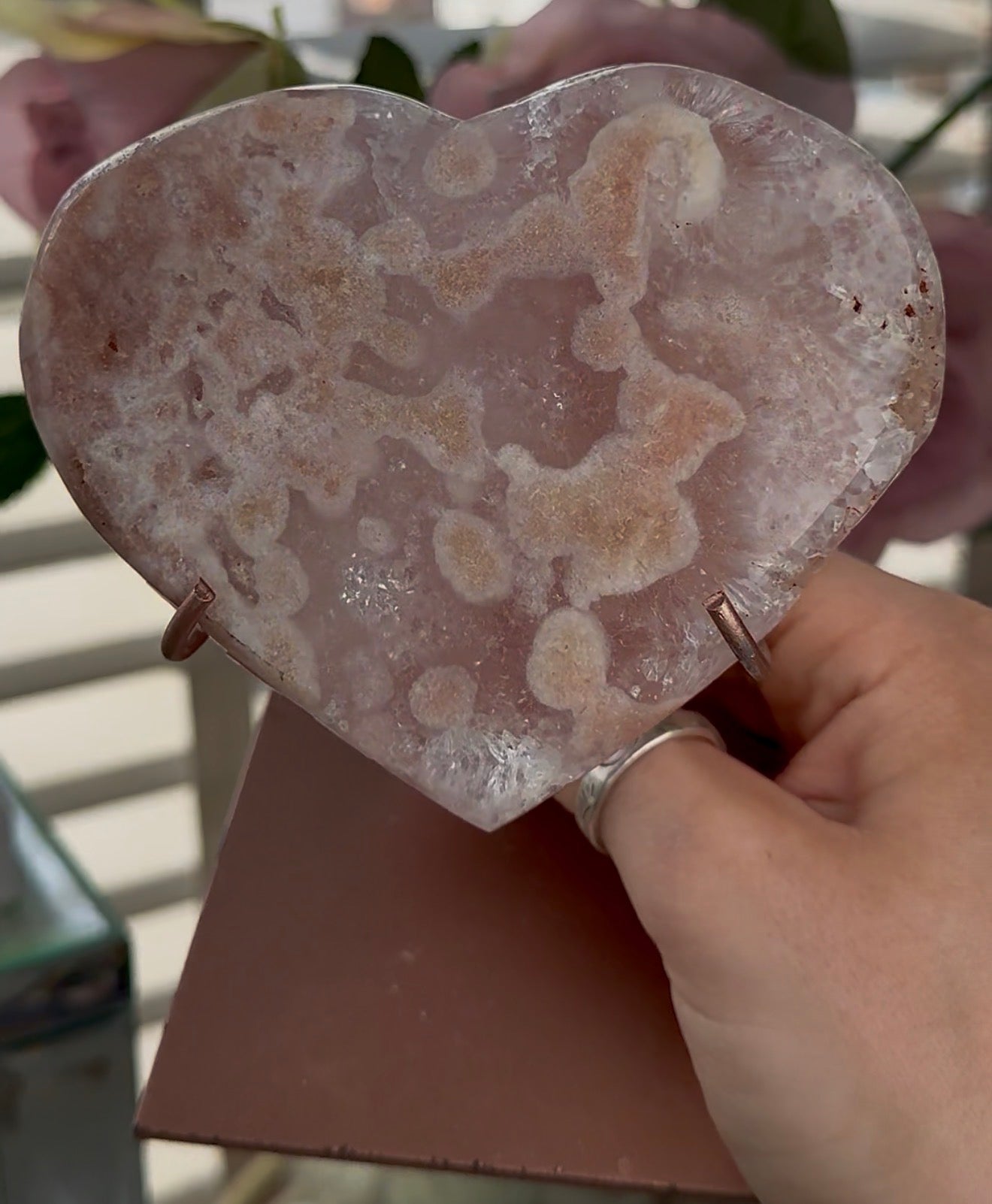 Hq pink amethyst heart with quartz - comes with stand