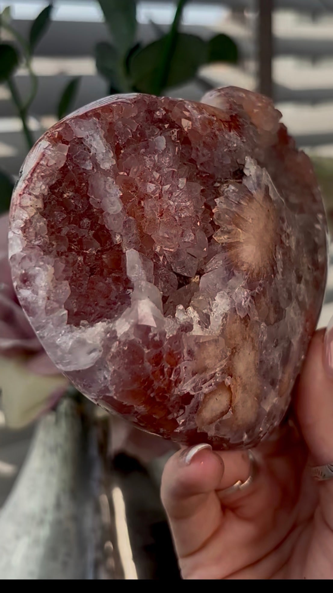 Gorgeous, high quality, pink amethyst heart with Jasper - comes with stand