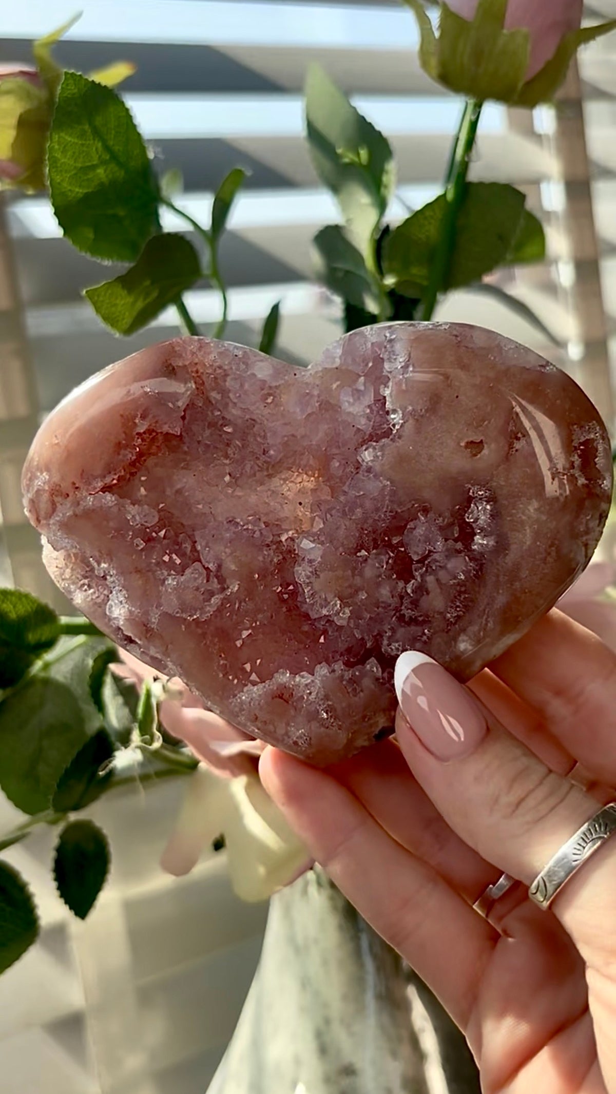 Gorgeous, hq, druzy pink amethyst heart- comes with stand