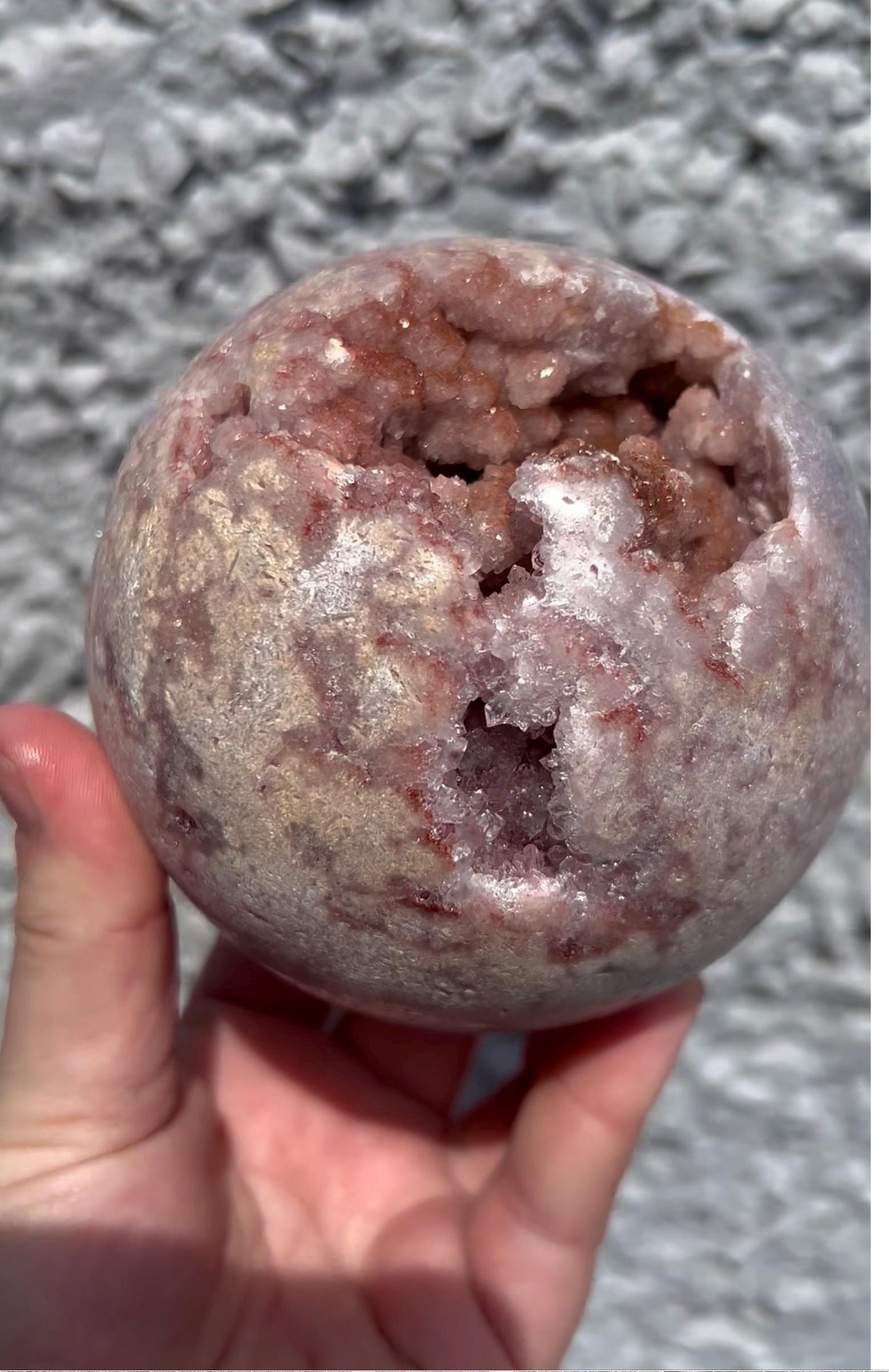 large, statement, pink amethyst sphere with rusty red, bubble sugar druzy 1.205kg