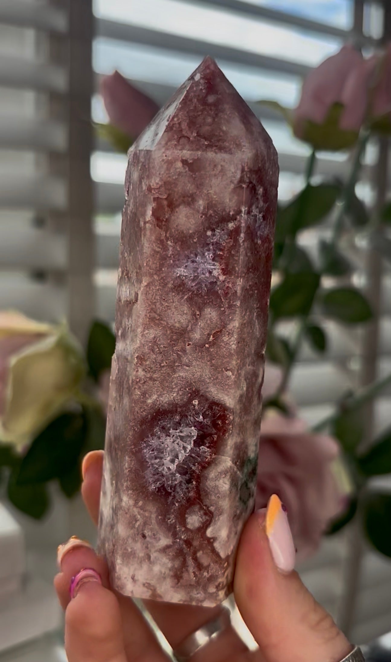 Pretty, Pink amethyst tower with quartz & Green jasper