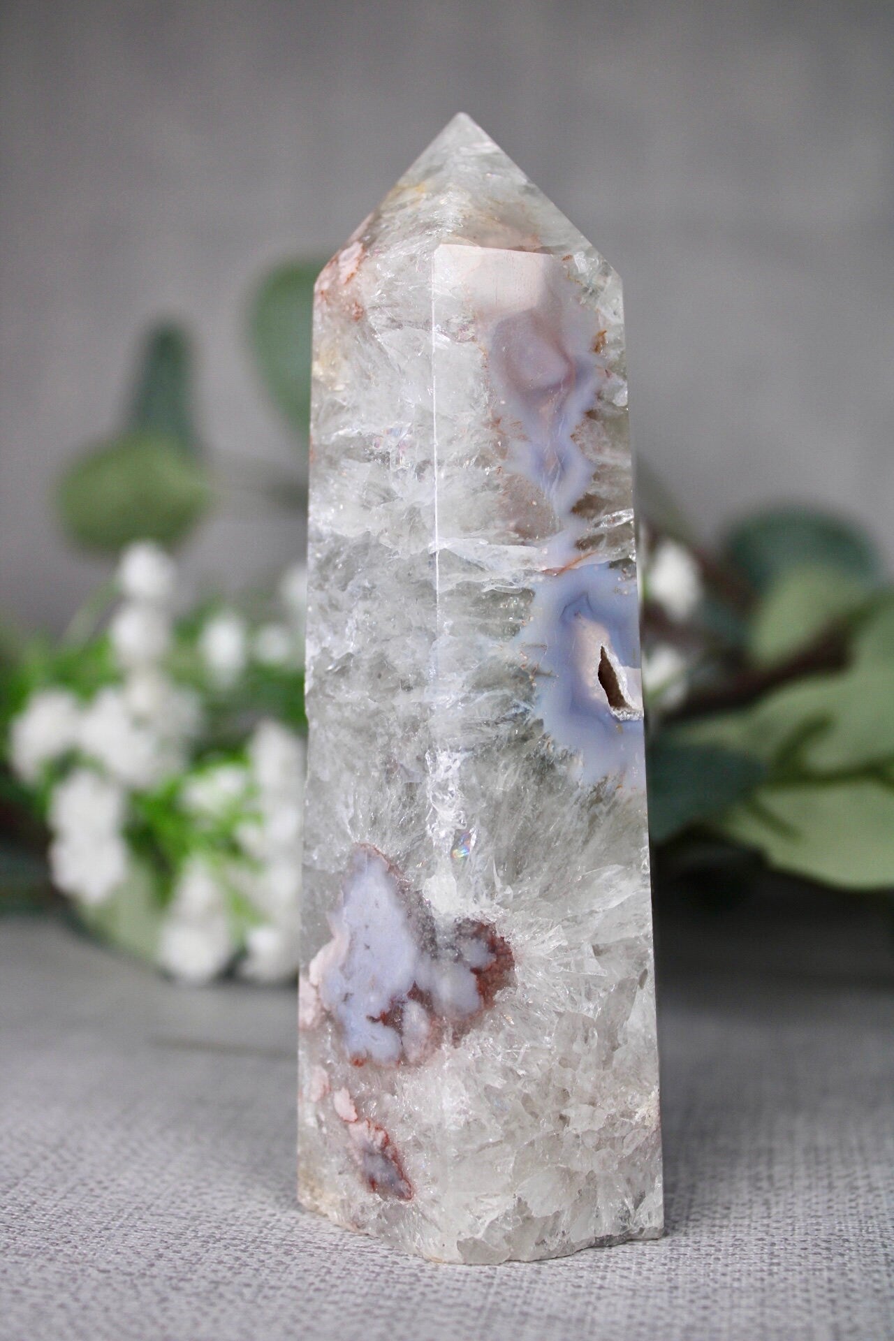 Green, Chlorite quartz, flower agate tower 325g 12cm (H) 4.5cm (W)