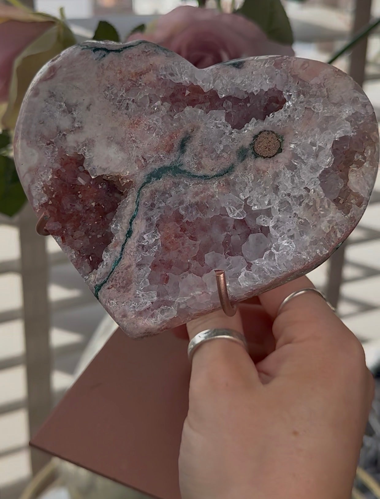 Hq pink amethyst heart with Jasper - comes with stand