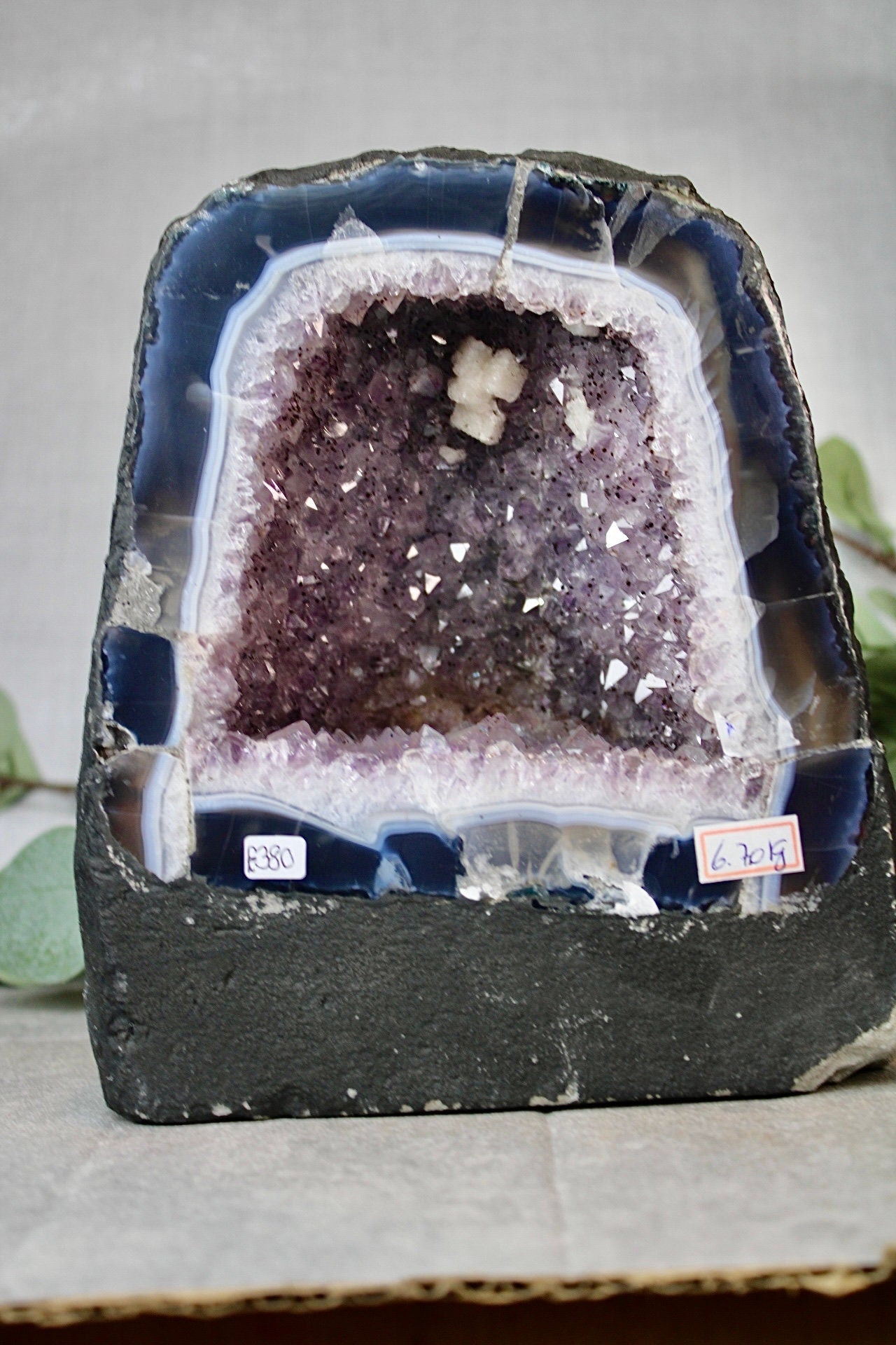 Large amethyst cathedral with agate banding and sugar druzy, cubic calcite - 6.7kg - slight damage in corner but can be painted
