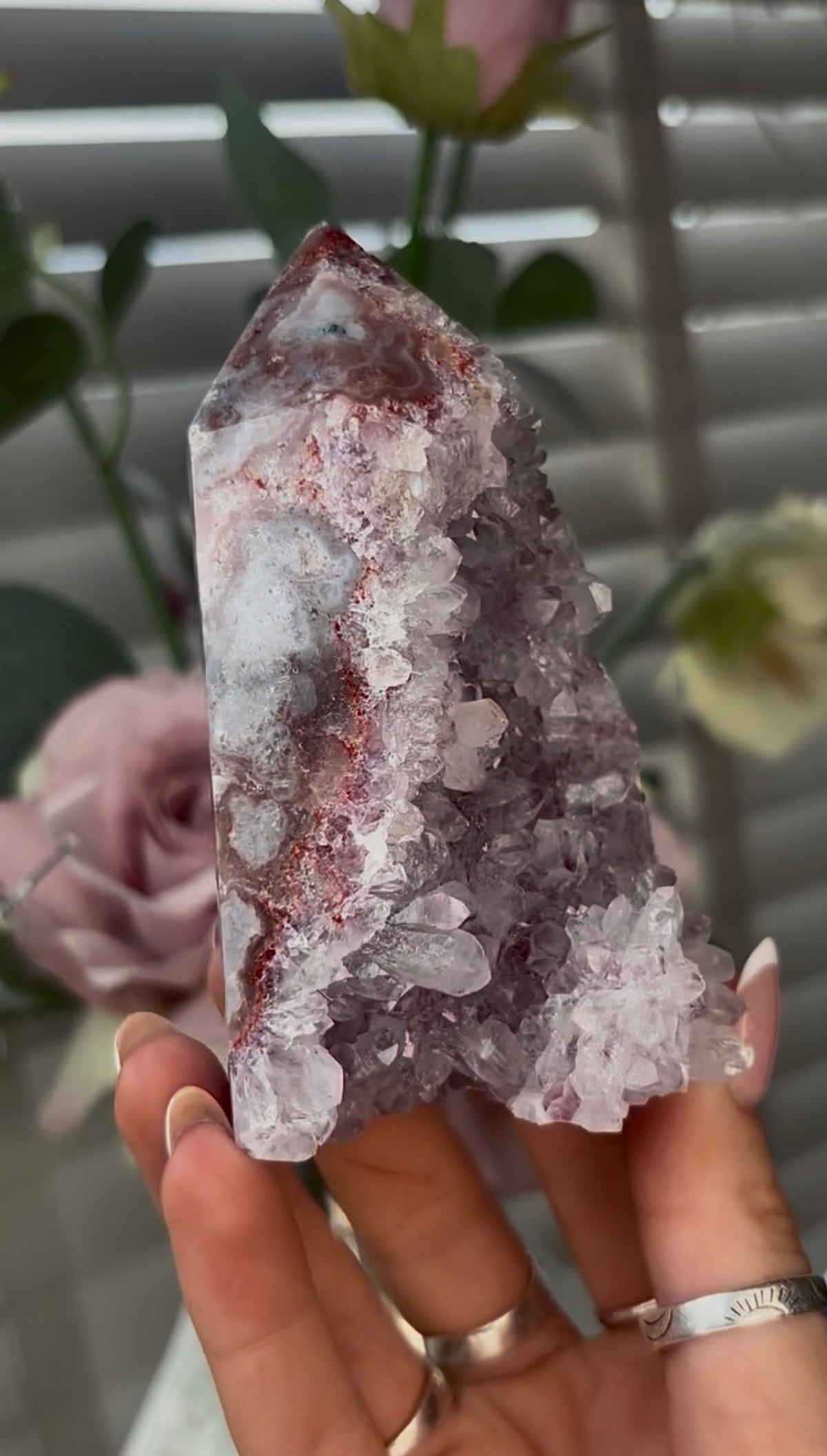 Beautiful, hq, druzy, Pink amethyst tower 10cm(h) by 6cm(w)