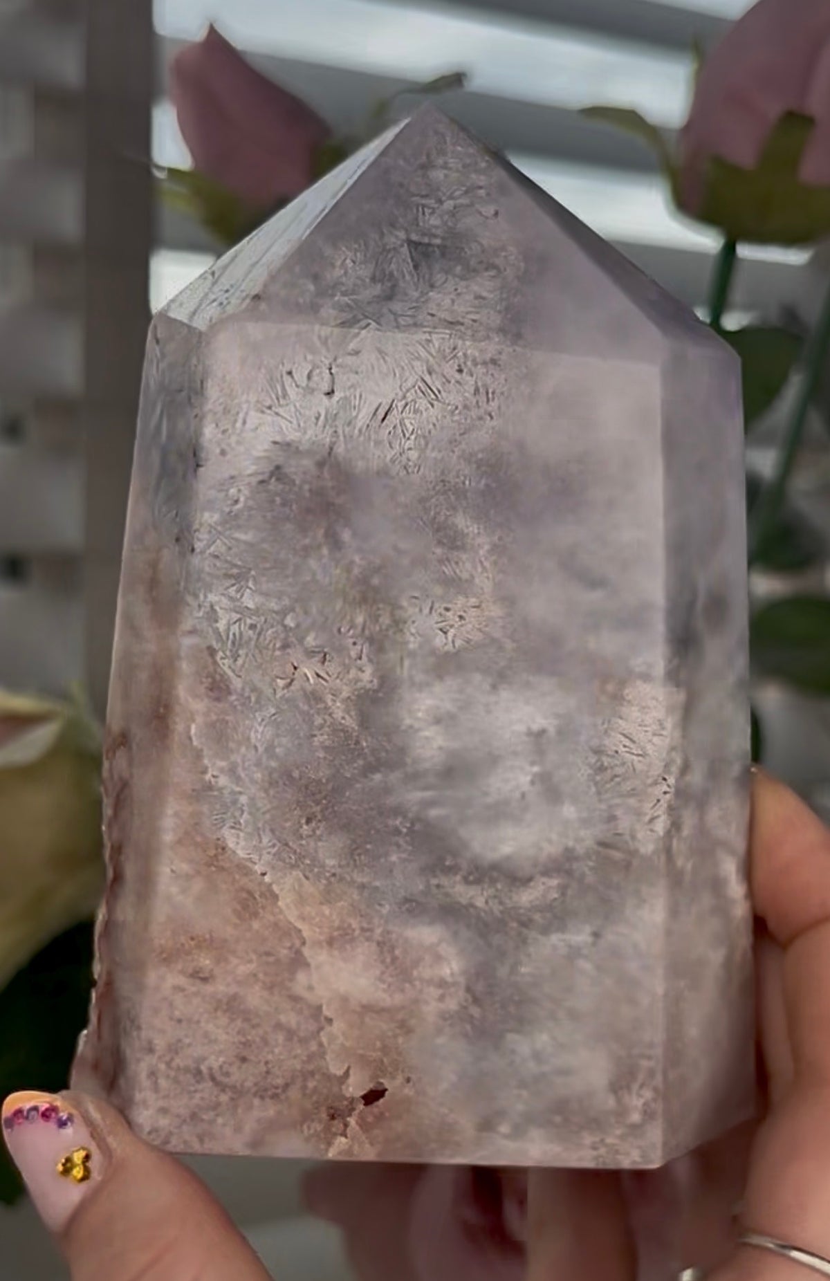 Large, High quality, Pink amethyst tower, with orange druzy