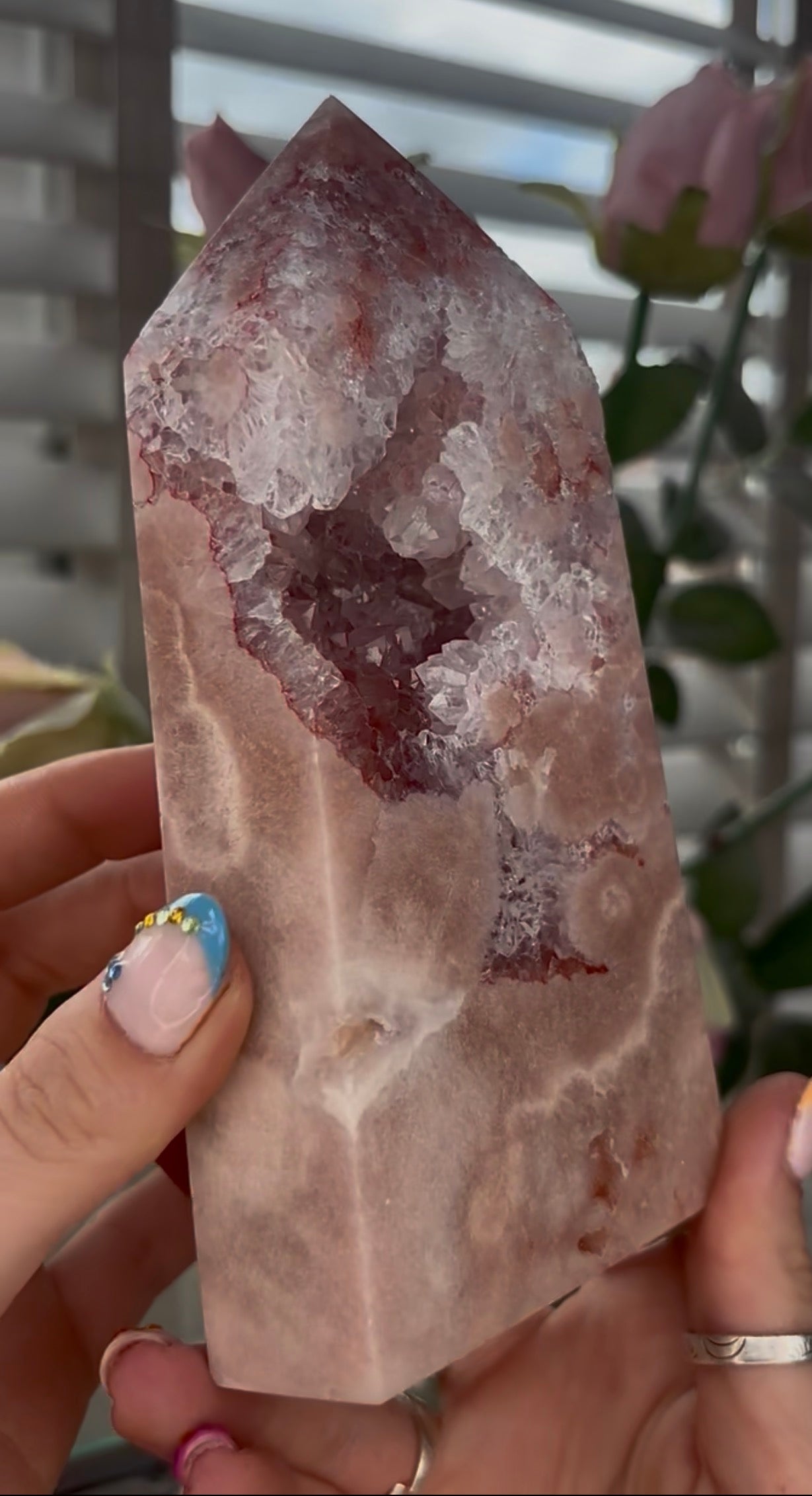 Pretty, large, high quality, Pink amethyst tower in a peach tone with quartz Druze