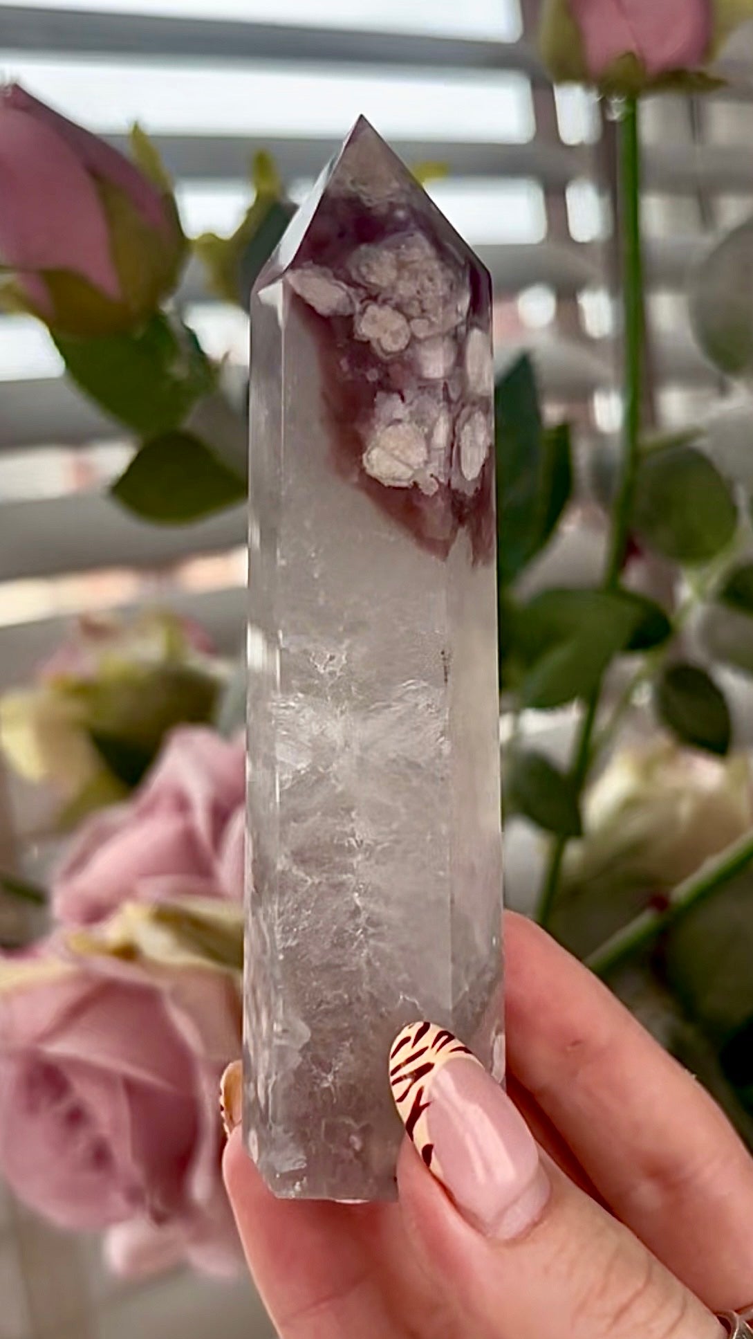 Stunning!! Super high quality, Druzy, green chlorite x blue flower agate tower