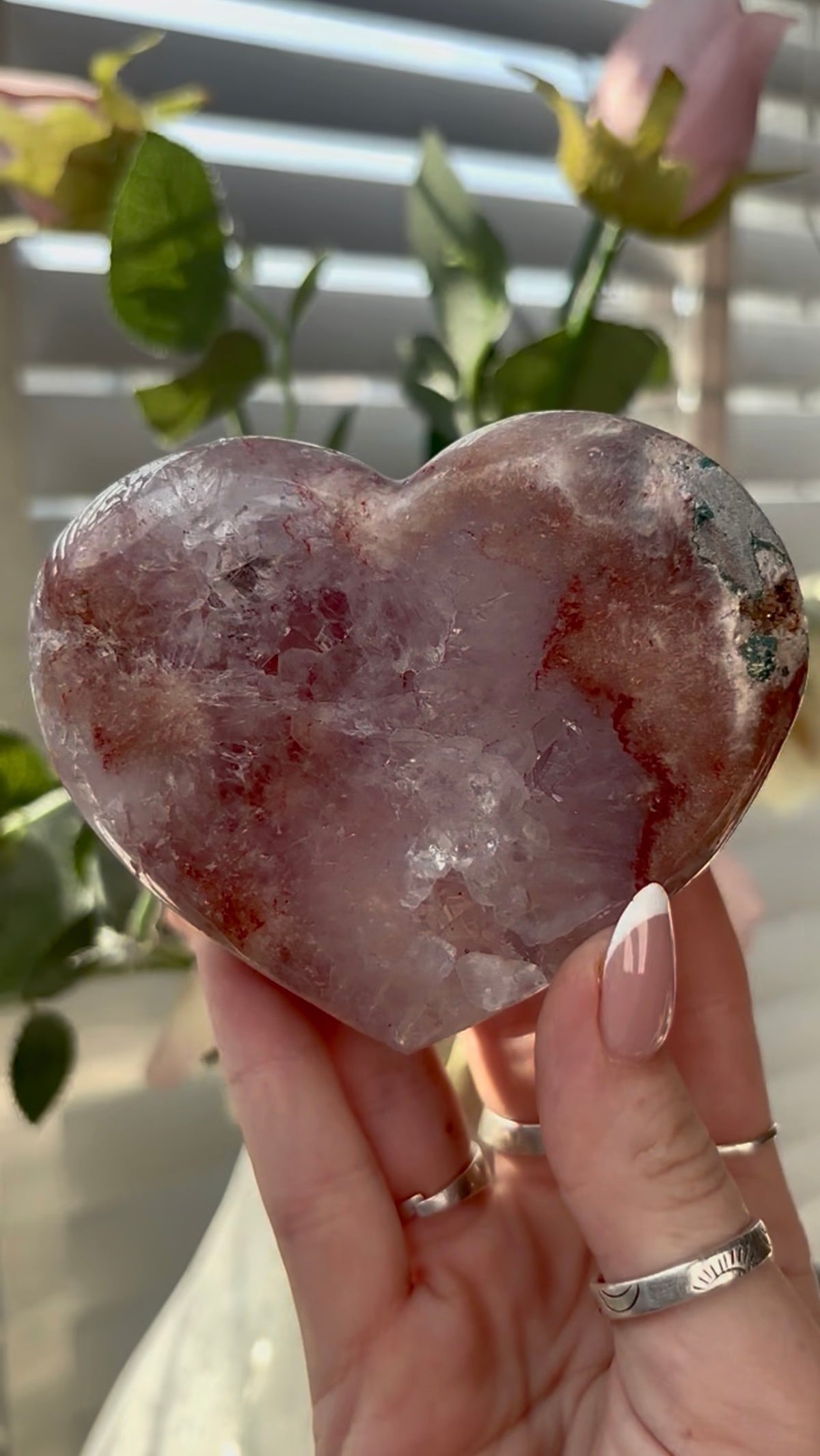 Gorgeous, berry red & pink amethyst heart with quartz - comes with stand