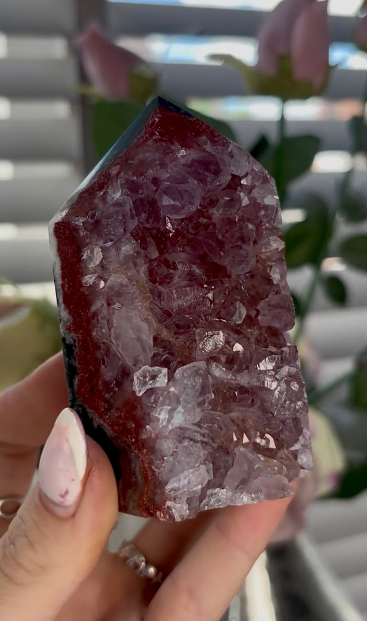 Beautiful, high quality, Pink amethyst tower with red quartz druzy on a Green jasper back