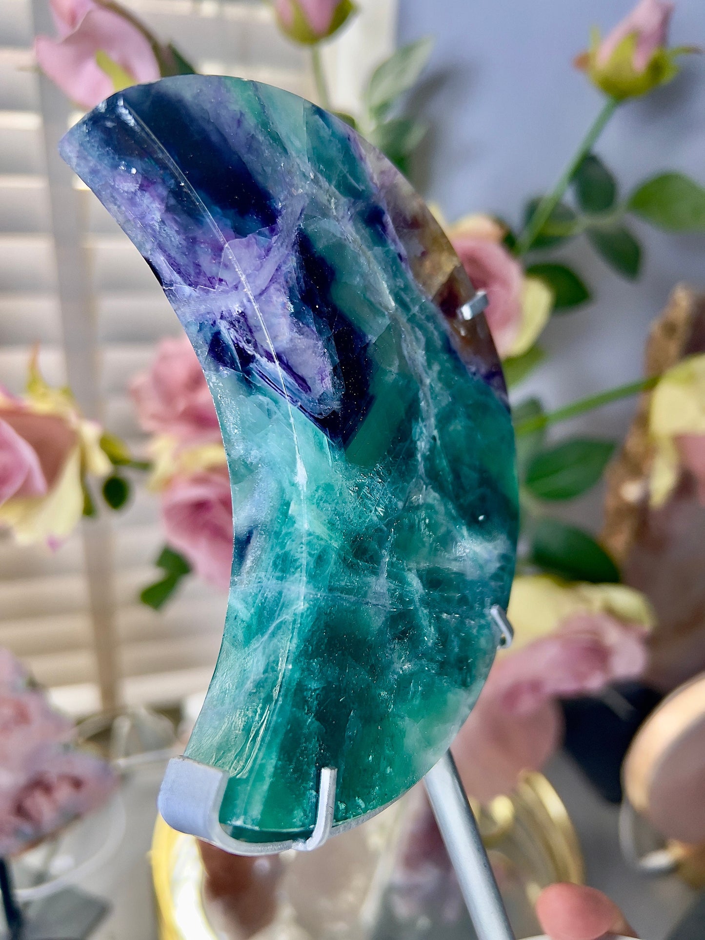 High grade, fluorite moon on silver custom stand
