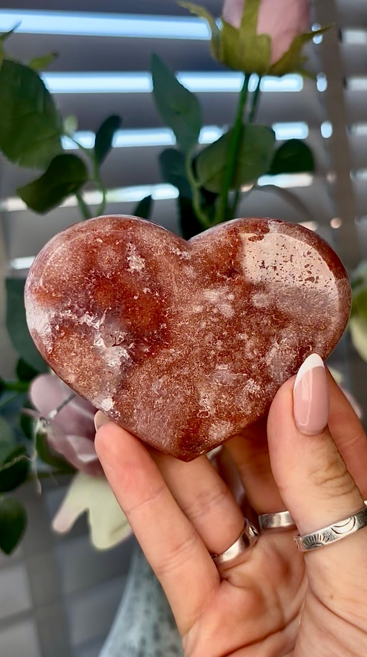 Gorgeous, pink amethyst heart- comes with stand