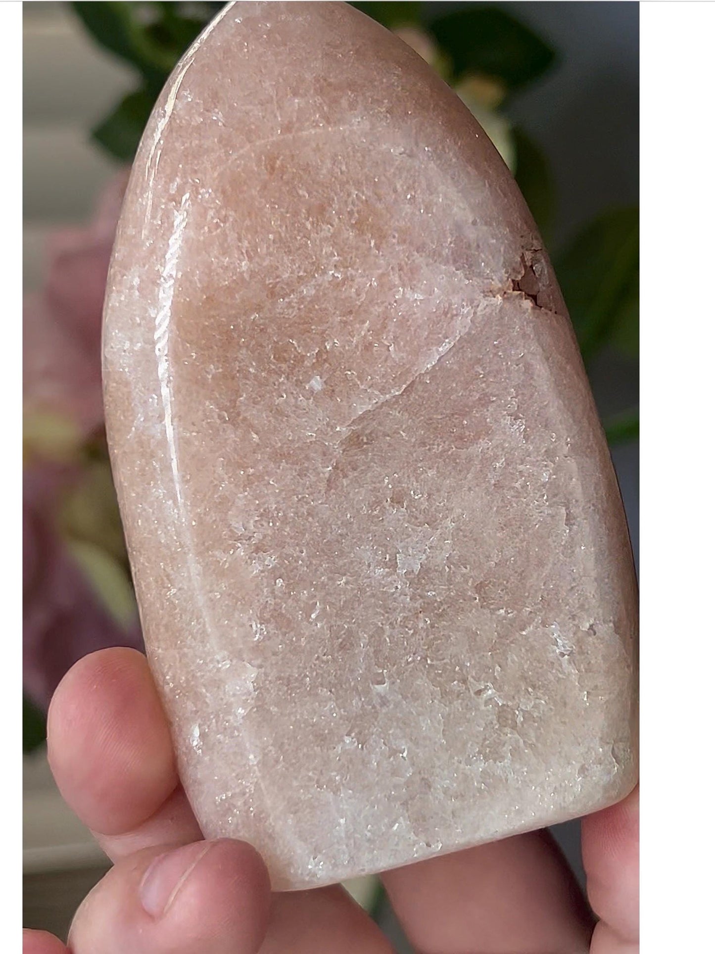 High grade, peach toned pink amethyst flame