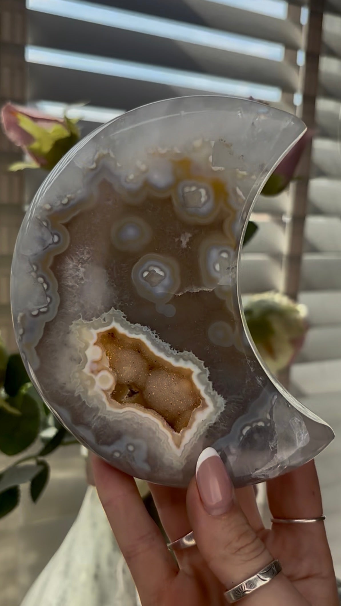 Beautiful, high grade, agate moon with druzy - comes with stand