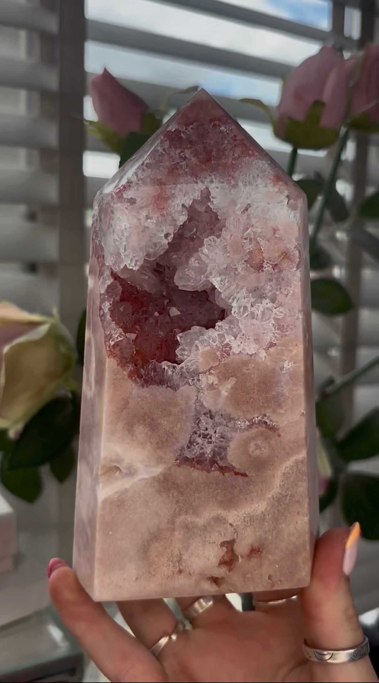 Pretty, large, high quality, Pink amethyst tower in a peach tone with quartz Druze