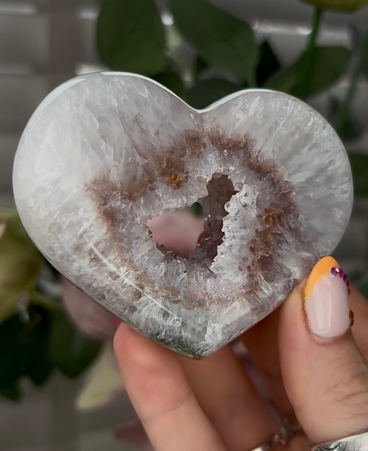 Beautiful, high grade, agate heart with druzy - comes with stand
