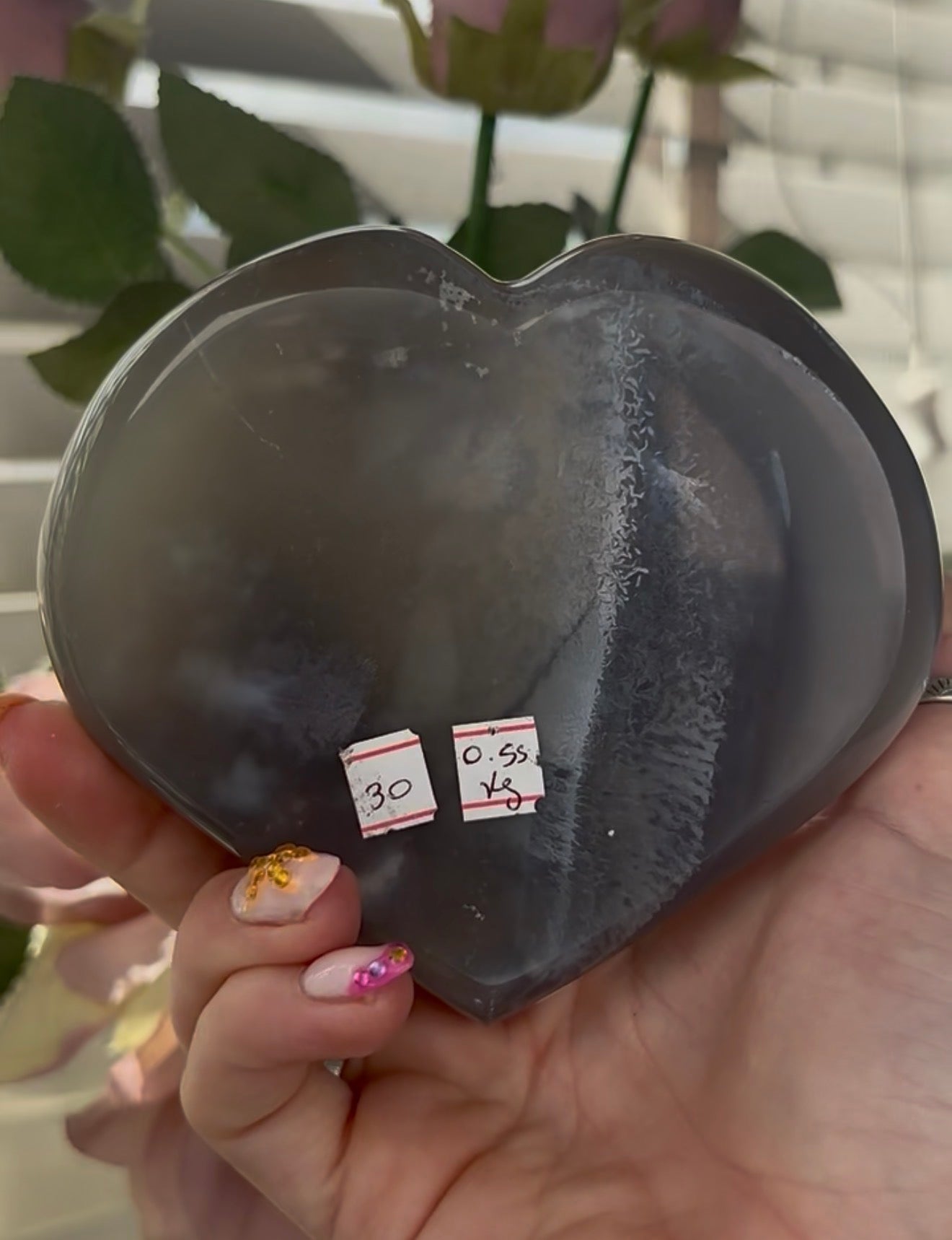 Beautiful, high quality, blue agate heart  with amethyst druzy - stand included