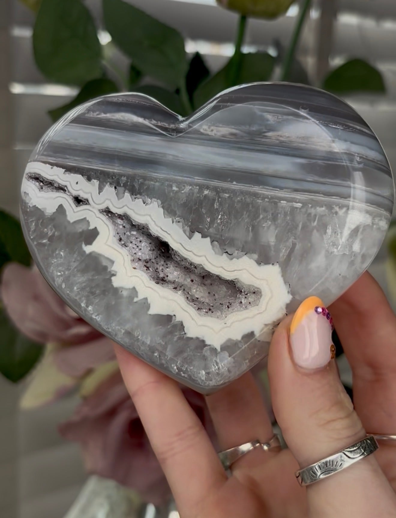 Beautiful, high grade, blue banded agate heart with druzy - stand included