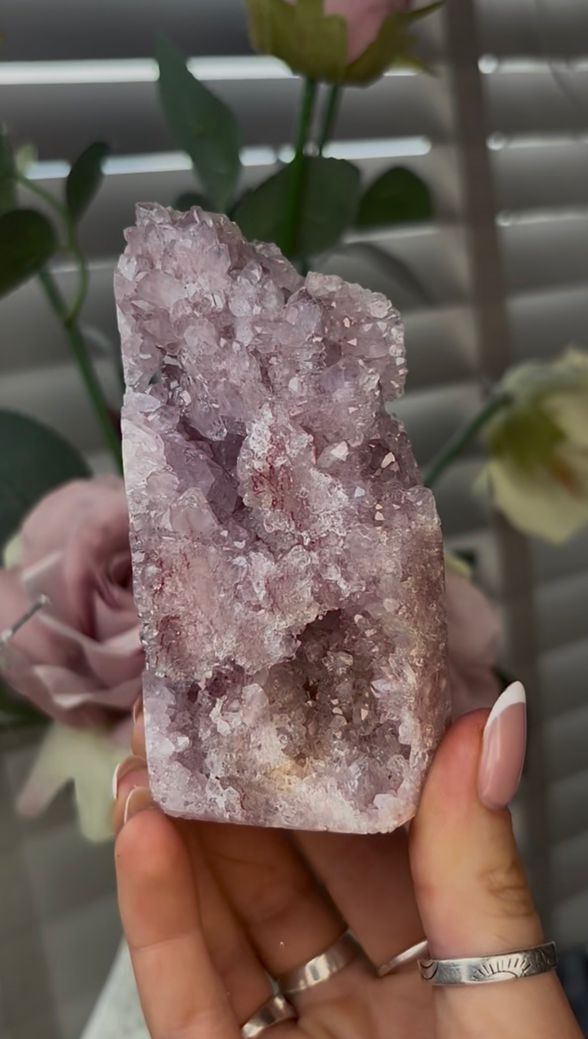 Beautiful, hq, druzy, Pink amethyst tower 10cm(h) by 5.5cm(w)