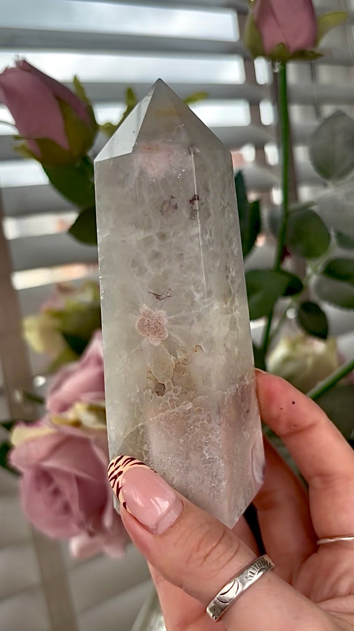 Stunning!! Super high quality, Druzy, green chlorite x blue flower agate tower