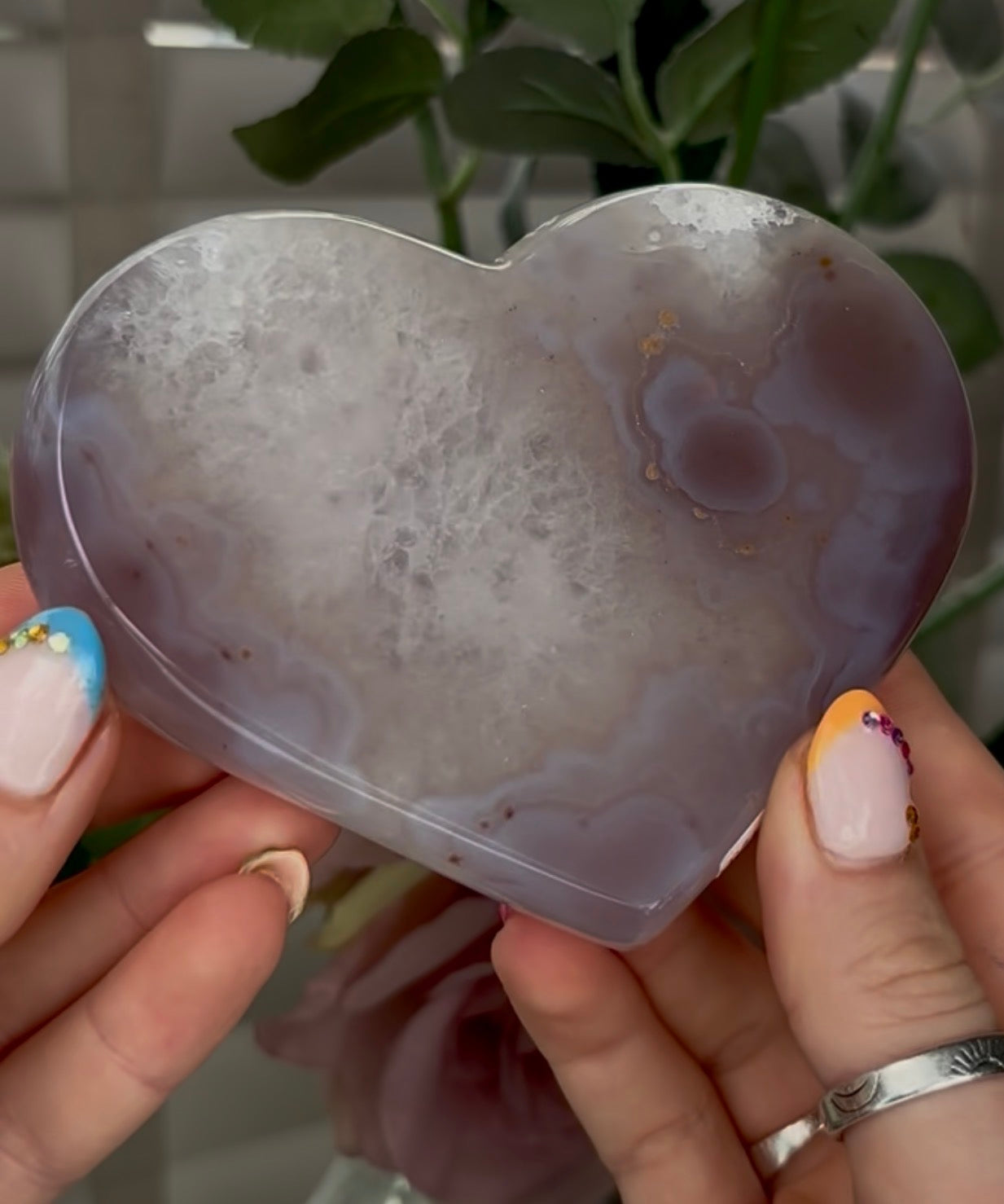 Beautiful, high grade, agate heart with druzy - comes with stand