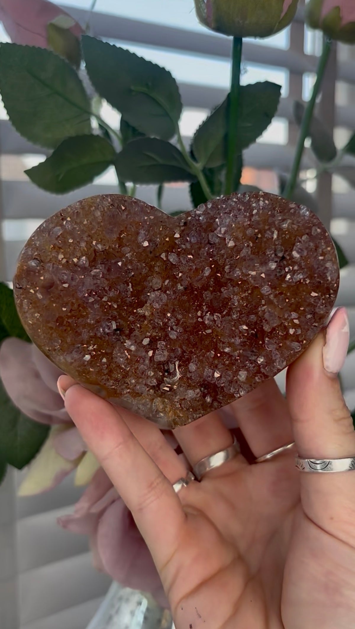 Uruguay, rainbow amethyst heart - comes with stand in orange/purple tones