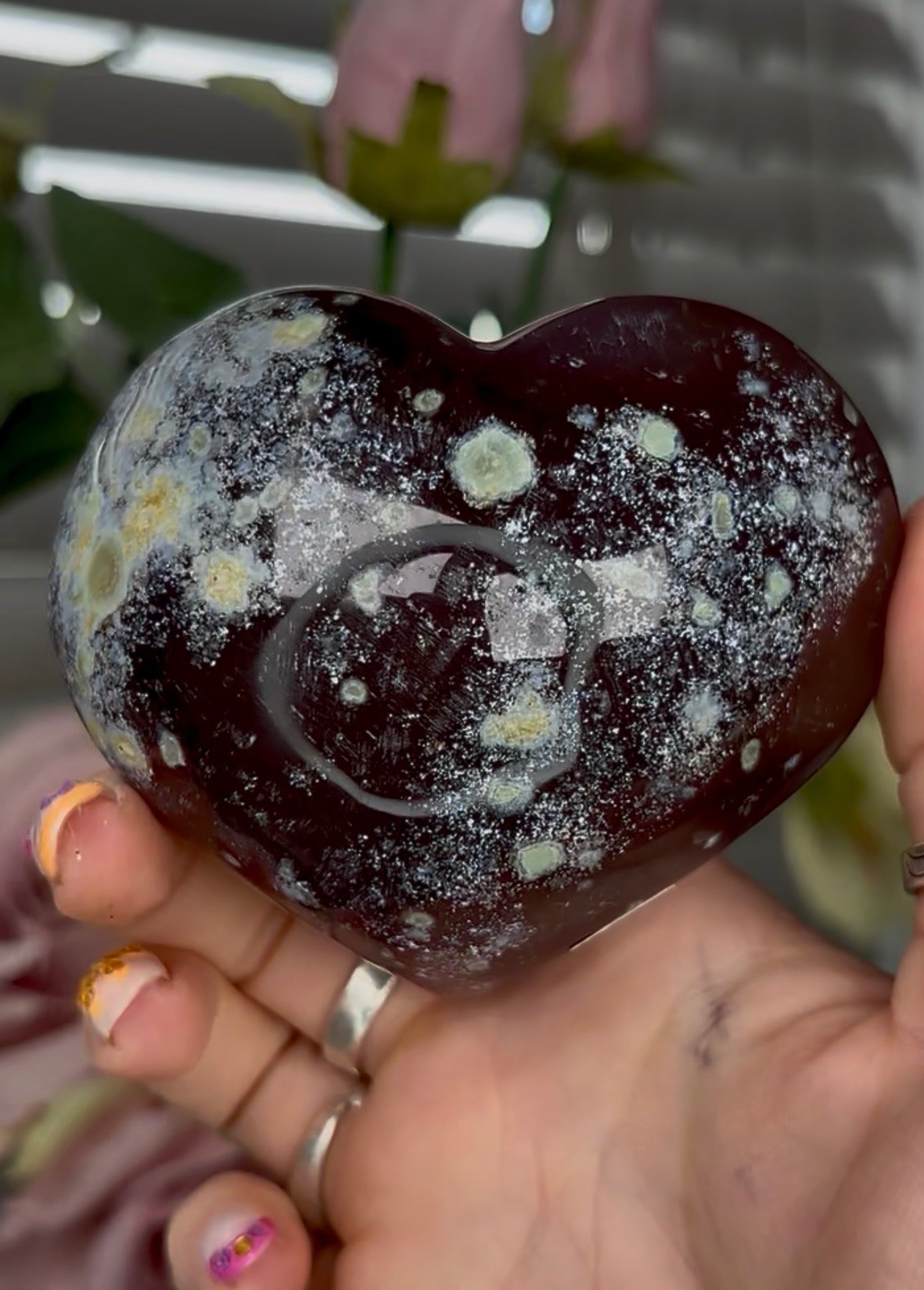 Beautiful, high grade, blue agate heart with druzy - comes with stand