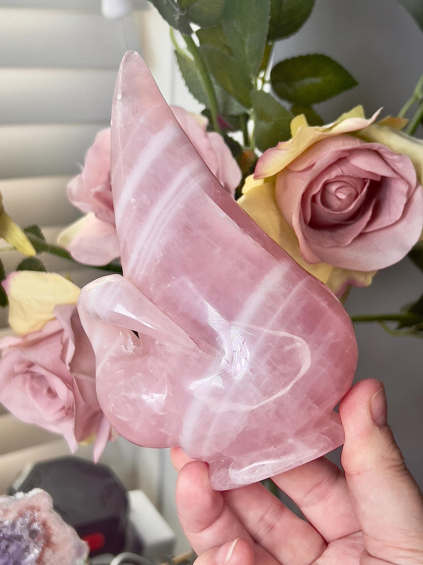 High grade, rose quartz swan carving
