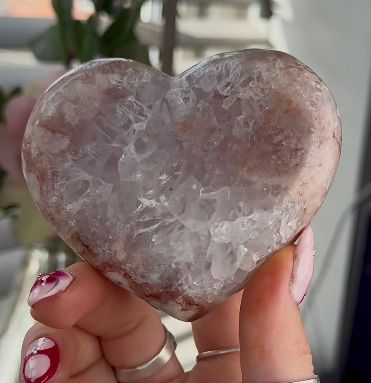 Hq pink amethyst heart with quartz - comes with stand