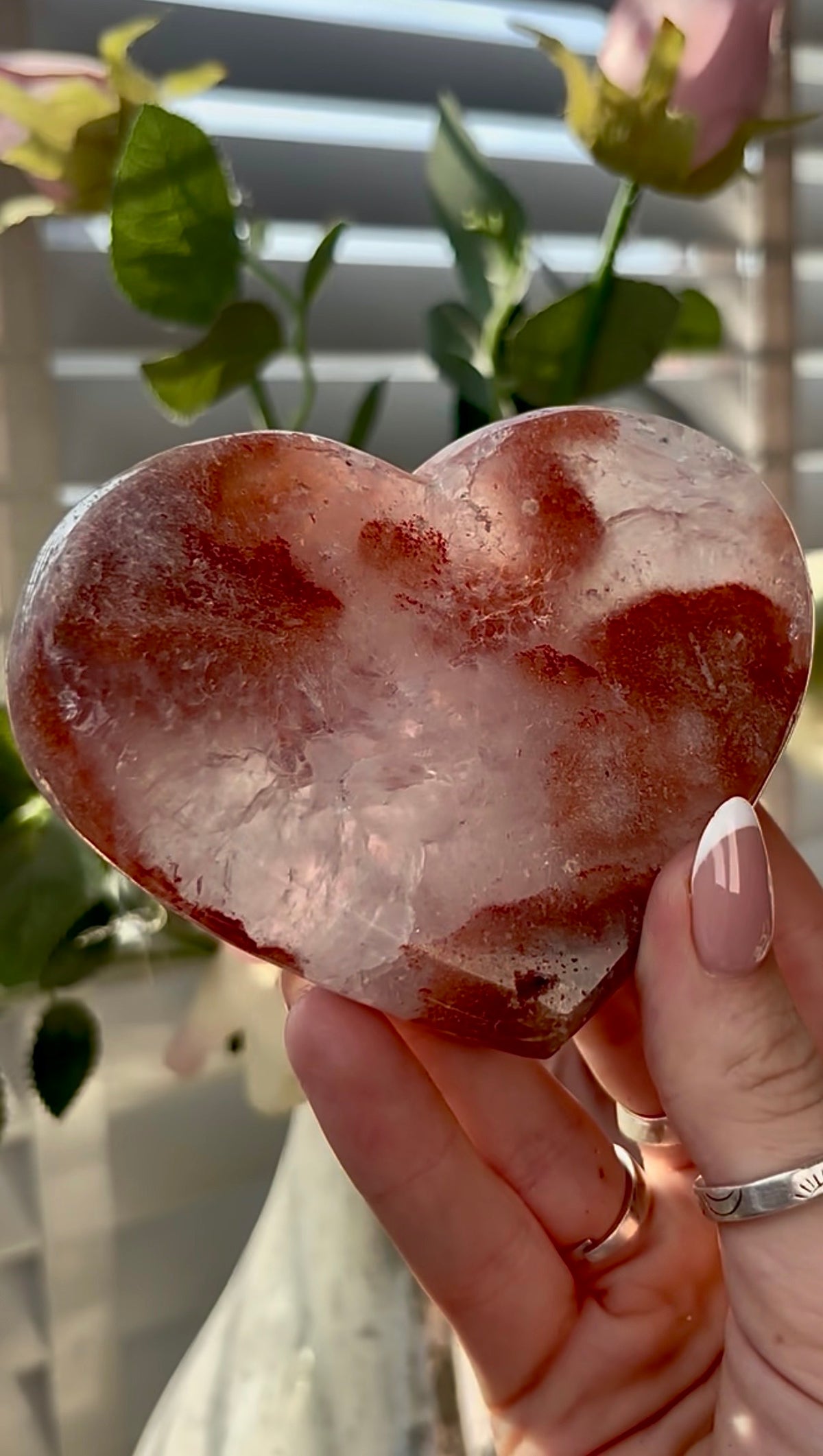 Gorgeous, high quality, berry red, pink amethyst heart with quartz- comes with stand