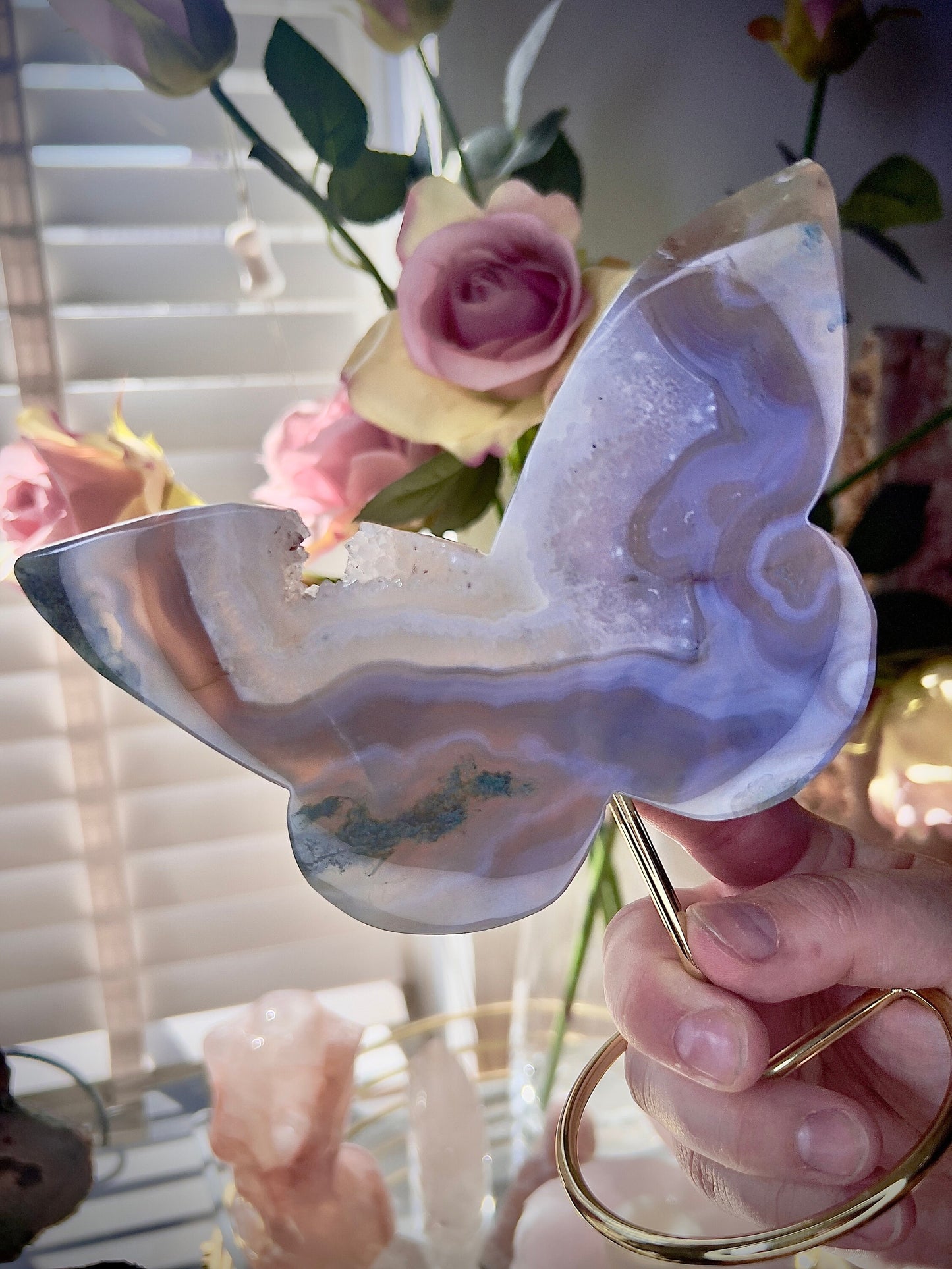 High grade, blue moss agate & quartz, butterfly with, gold pedestal stand