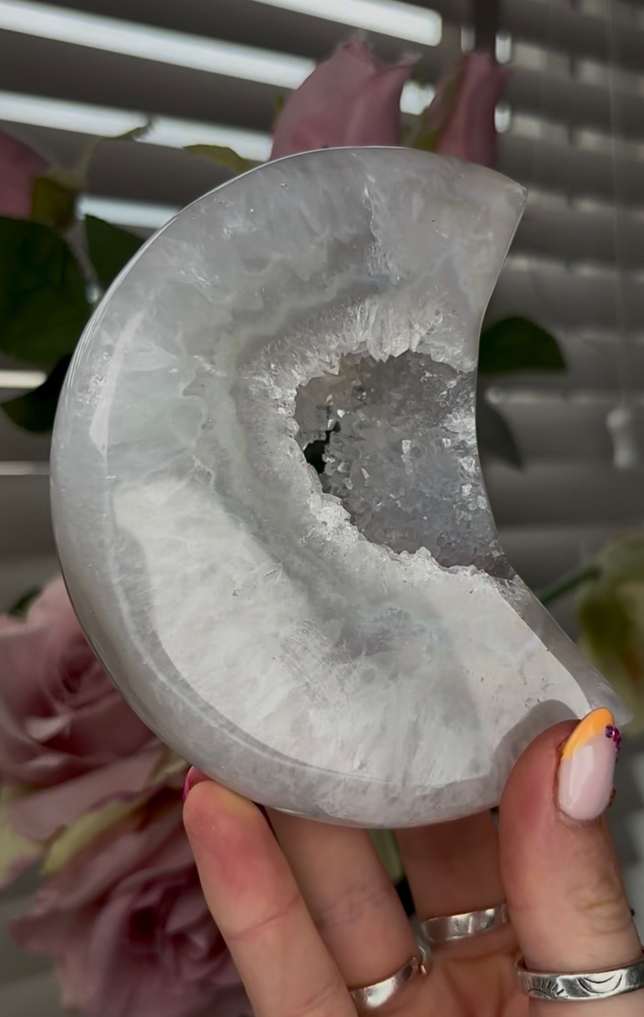 Beautiful, high grade, agate moon with druzy - comes with stand