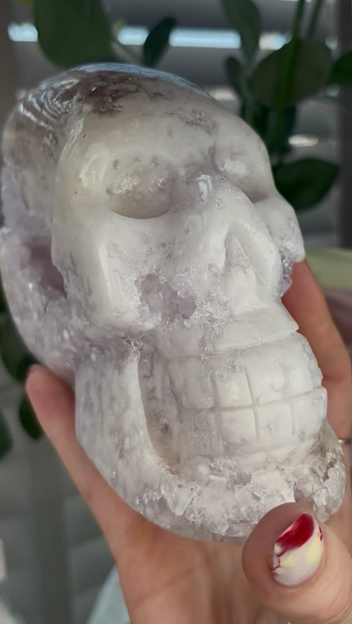 High grade, pink amethyst skull carving with chunky druzy