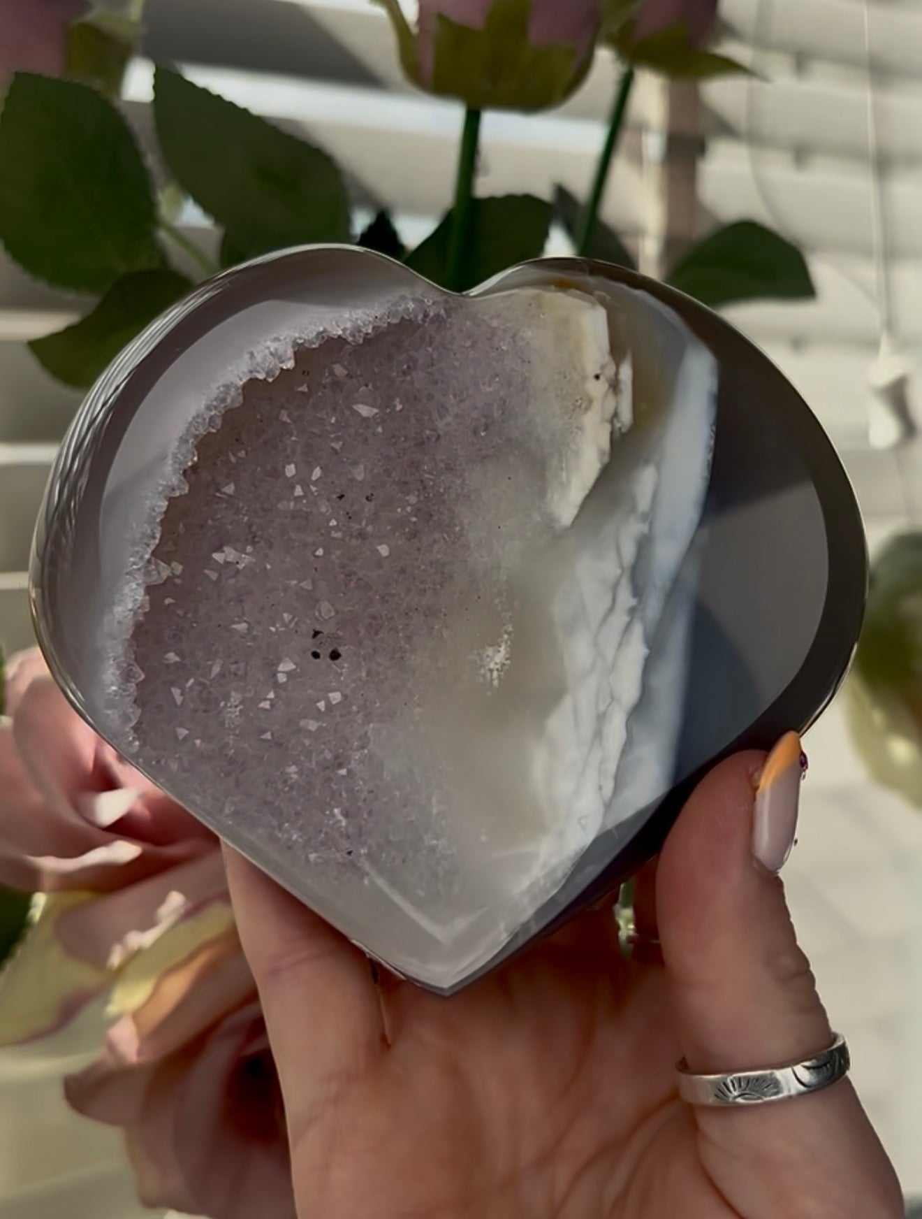 Beautiful, high quality, blue agate heart  with amethyst druzy - stand included