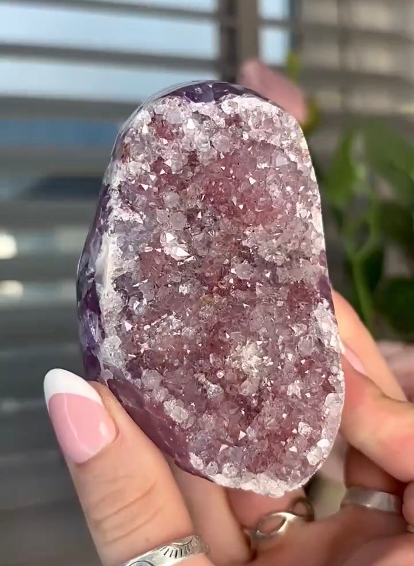 Light Pink rainbow amethyst on a purple & blue agate base