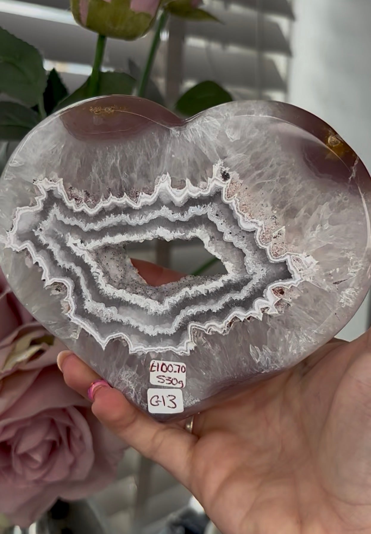 Beautiful, high grade, banded agate heart with druzy - stand included