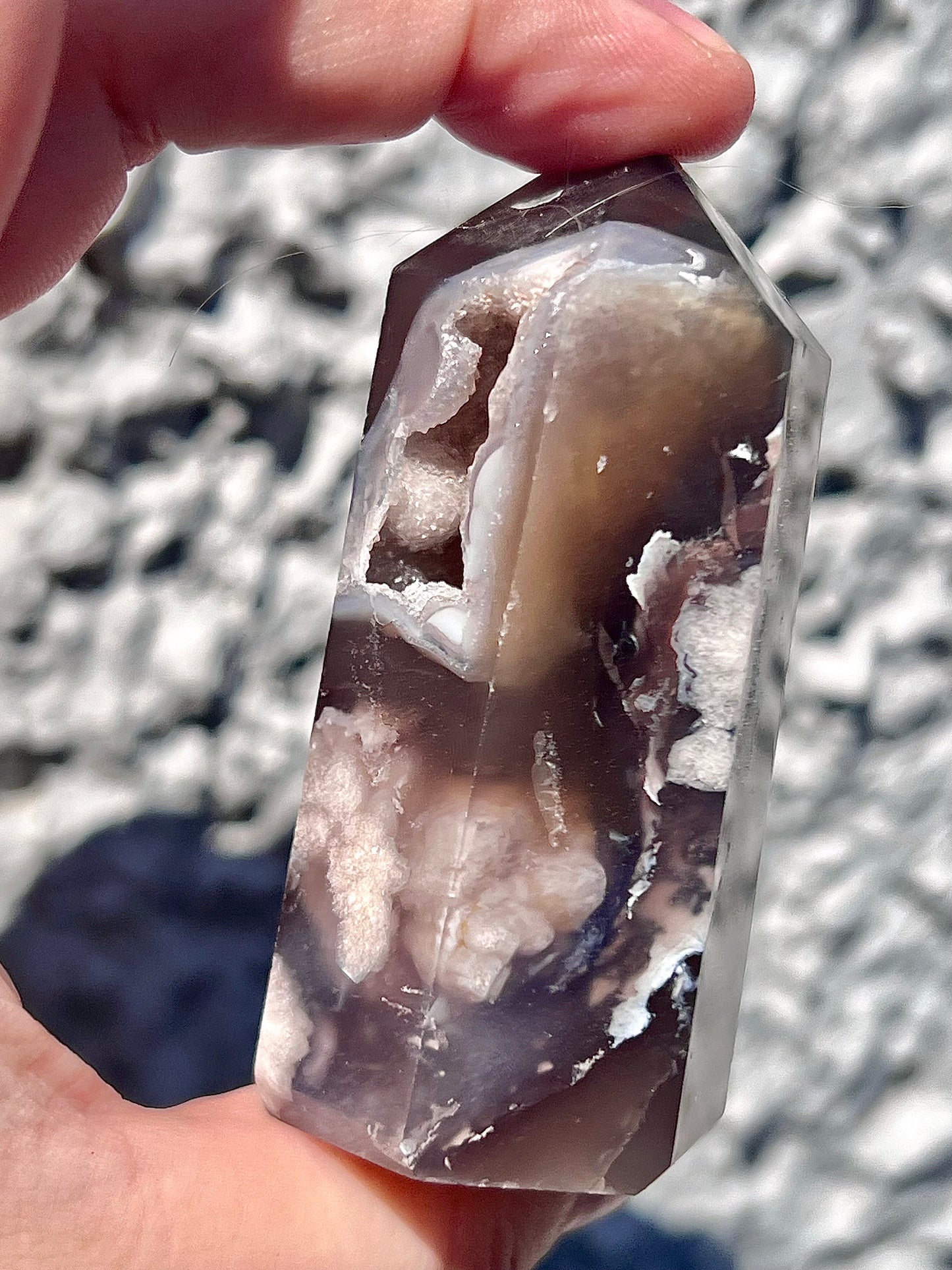 black flower agate tower with druzy cave