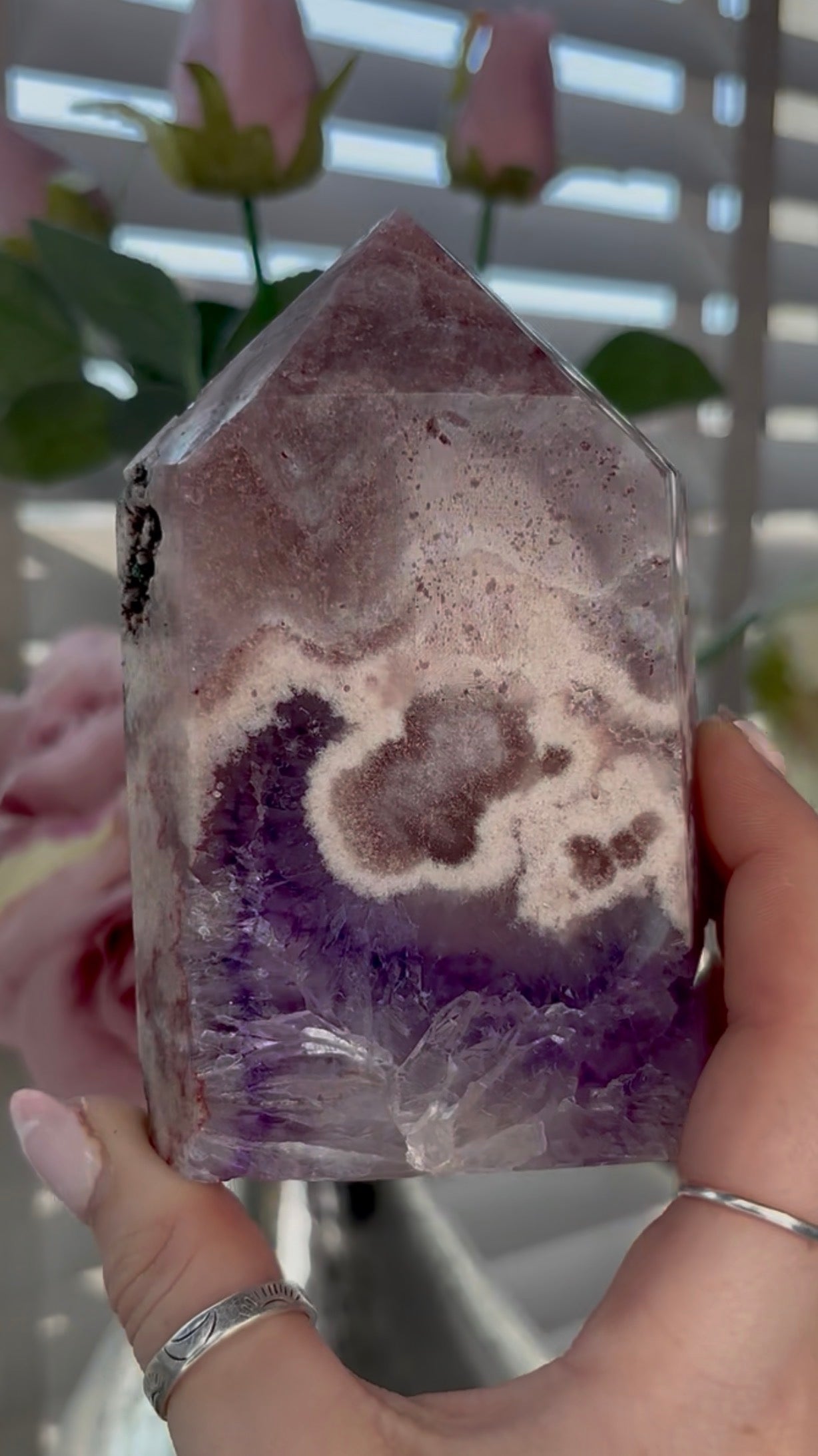 Beautiful, high quality, Pink amethyst tower with purple quartz 12cm by 7.5cm