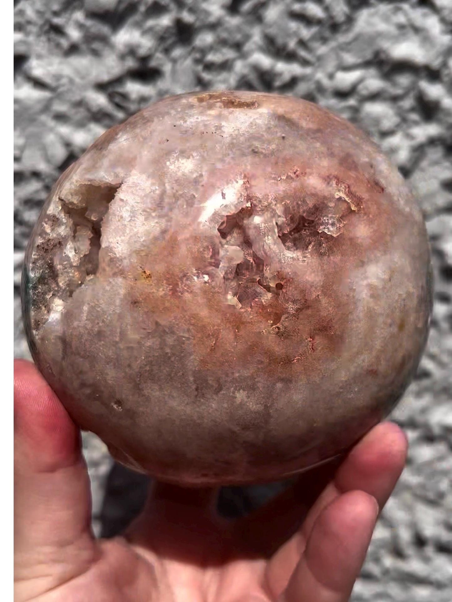 large, statement, pink amethyst sphere, with sugar druzy and jasper 1.626kg