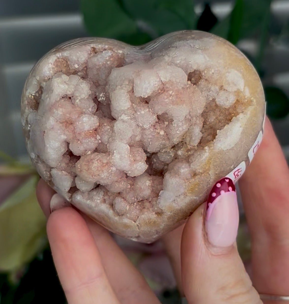 pink amethyst heart with bubble druzy - comes with stand