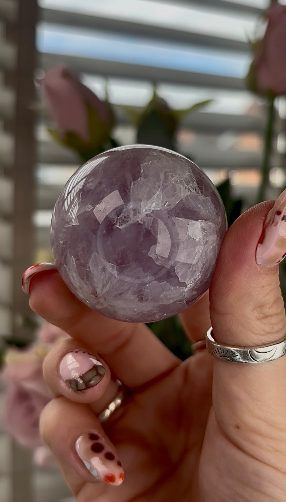 High grade, amethyst Flower agate sphere with high clarity quartz - 4.6cm