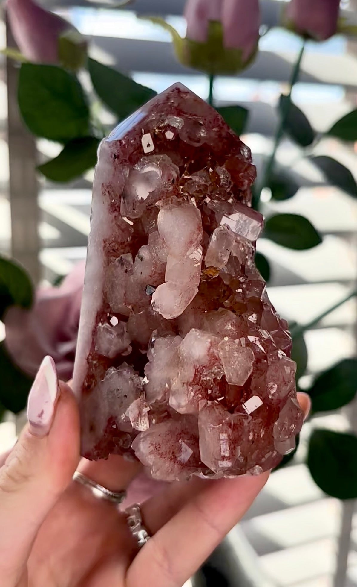 Beautiful, high quality, Pink amethyst tower in burnt orange/red tones with chewing gum druzy