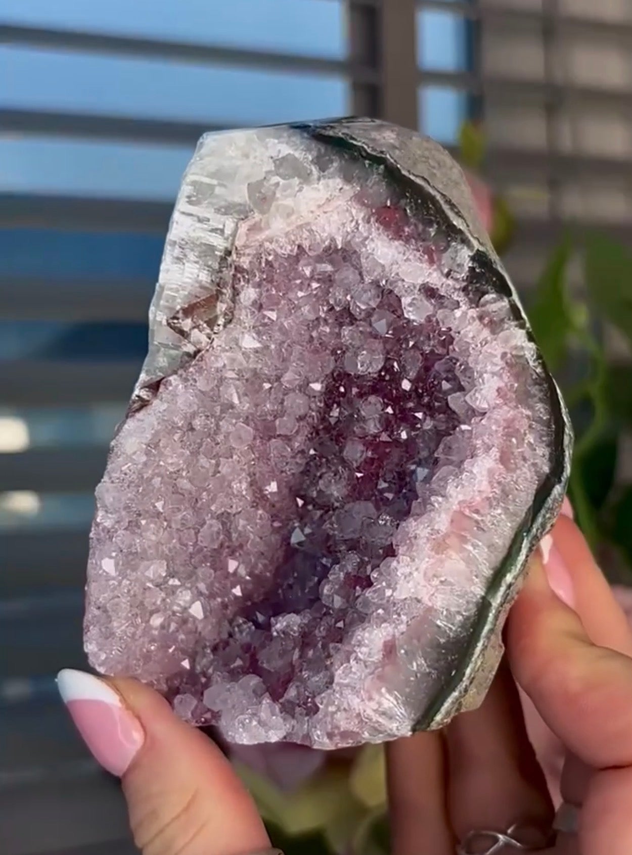 High quality, lavender, pink toned, double cave rainbow amethyst, cutbase with calcite