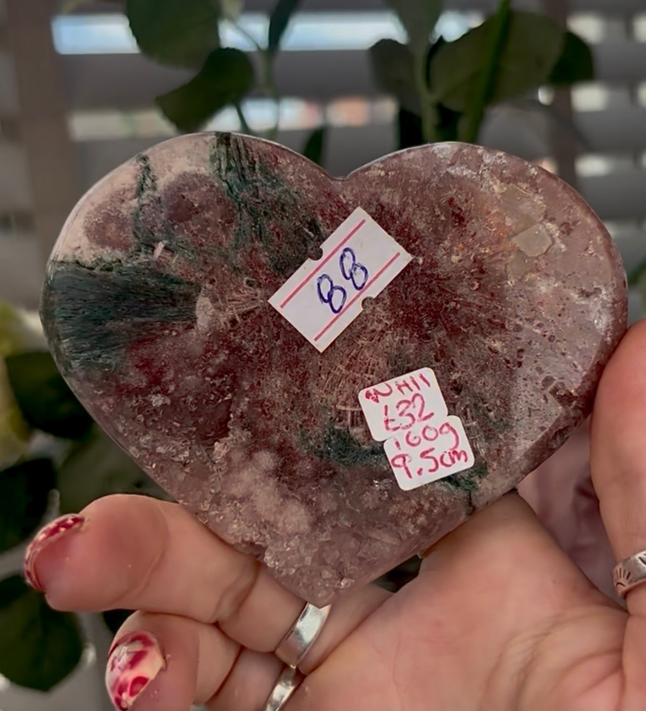 Beautiful pink amethyst heart with green Jasper  - comes with stand (9.5cm)