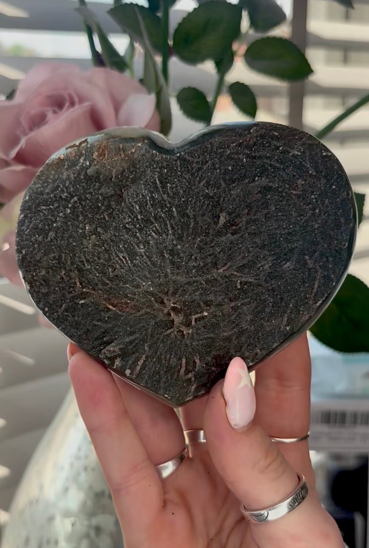Uruguay, black amethyst heart - comes with stand