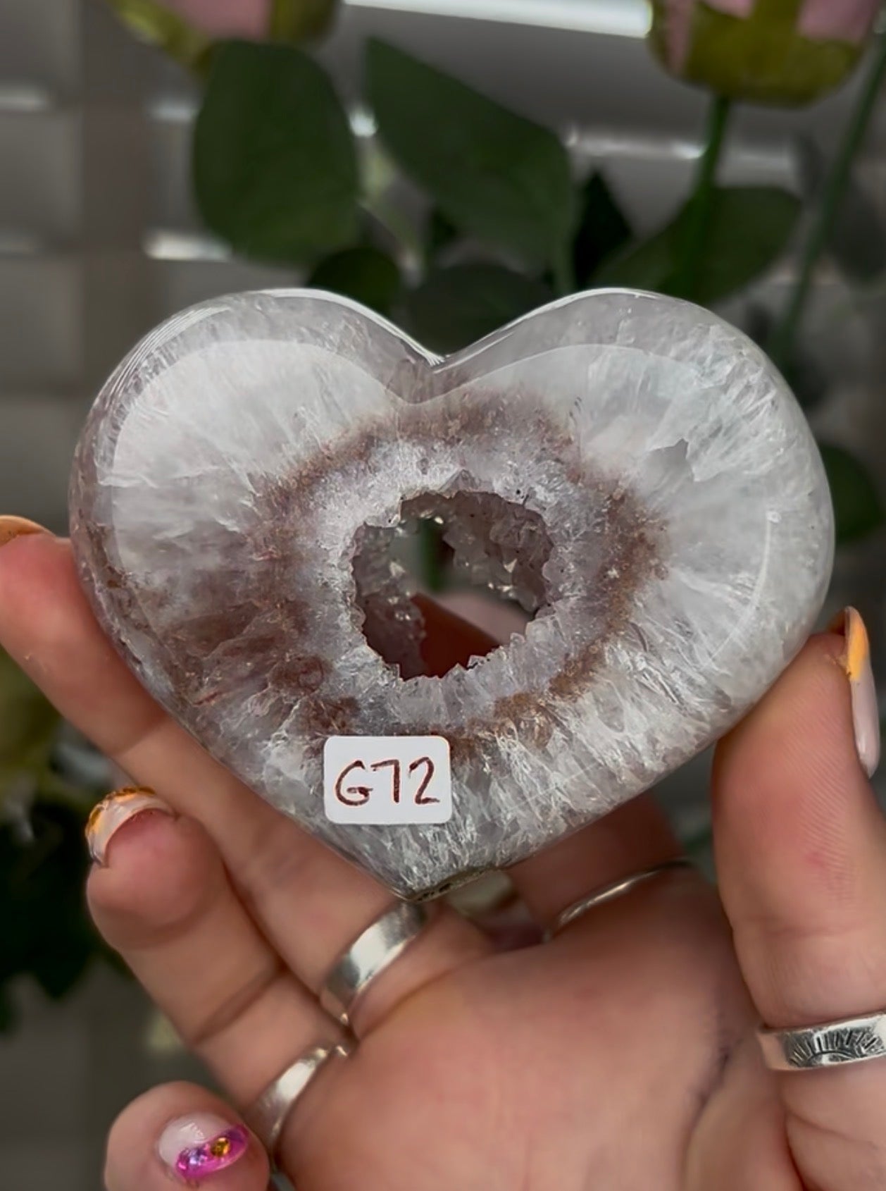Beautiful, high grade, agate heart with druzy - comes with stand