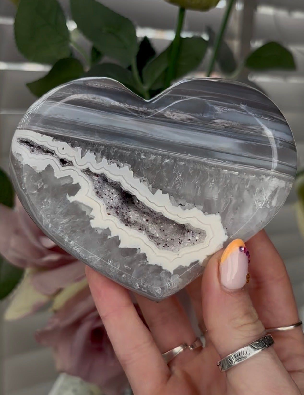 Beautiful, high grade, blue banded agate heart with druzy - stand included